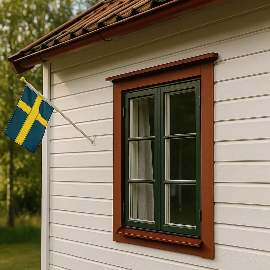 Nymålad vit stugfasad med mörkgröna fönsterkarmar mot blå sommarhimmel