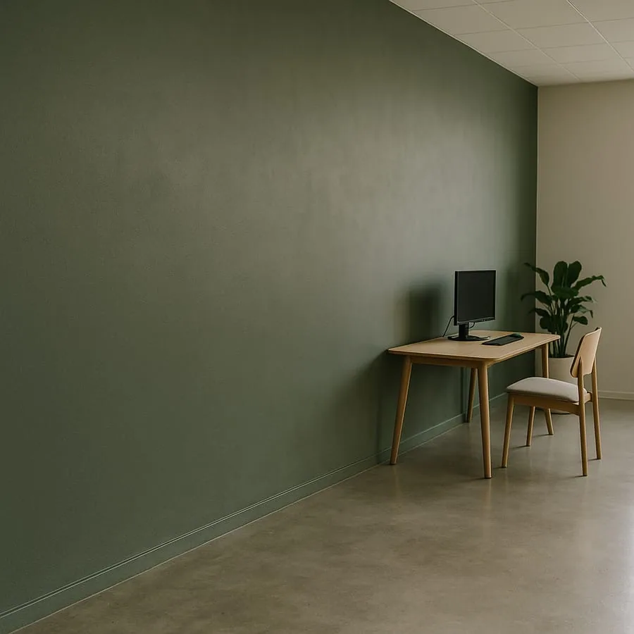 Modernt öppet kontorslandskap med nymålad djupgrön accentvägg, polerat betongggolv, Scandinavisk design