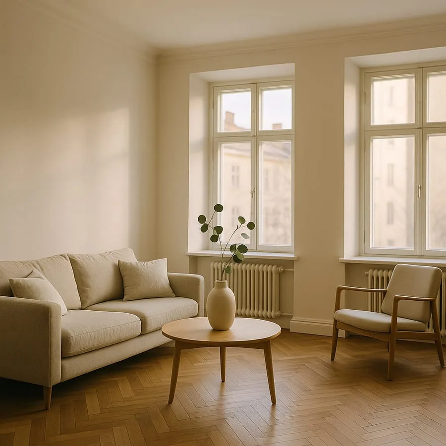 Nyrenoverat ljust Scandinaviskt vardagsrum, off-white väggar, ek-parkett, eucalyptus-kvist i vas