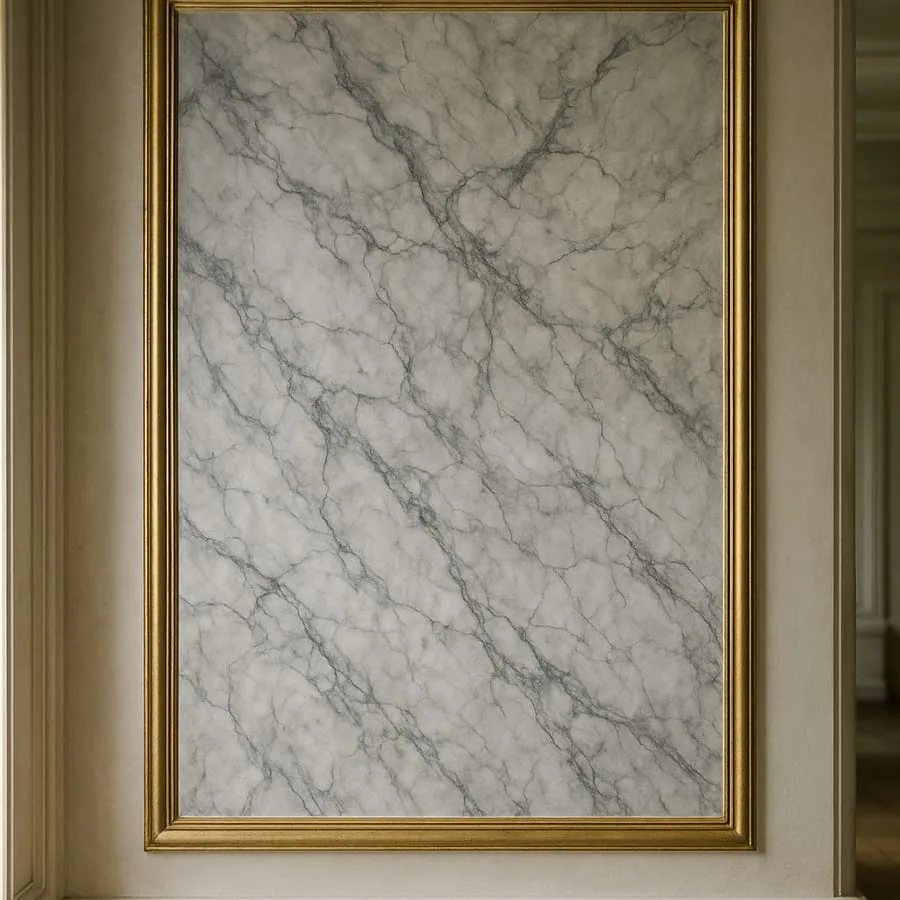 Färdigt marmorerat väggpanel, eleganta gråvita ådror inramade av tunn guldkant, luxury lägenhet