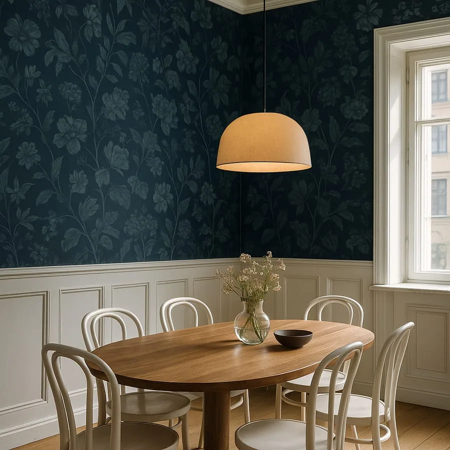 Vackert tapetserat Scandinaviskt matrum med golvhögt mörkblå botanisk tapetmönster, vita stolar