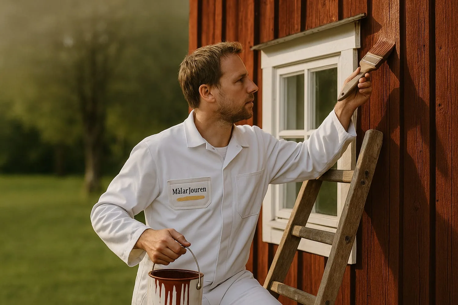 MålarJouren-målare på stege penslar Falufärgat träpanel på svensk sommarvilla — sen eftermiddagsljus