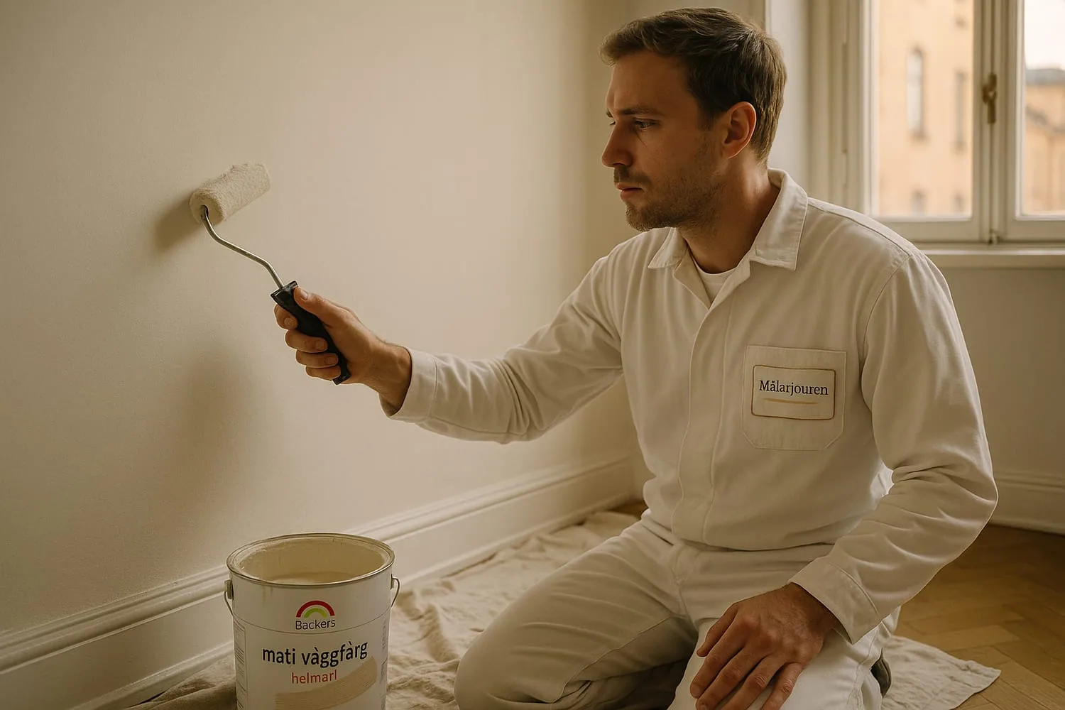 MålarJouren-målare i vit overall med logo-patch, rullar mat off-white färg på sekelskiftesvägg i Stockholm
