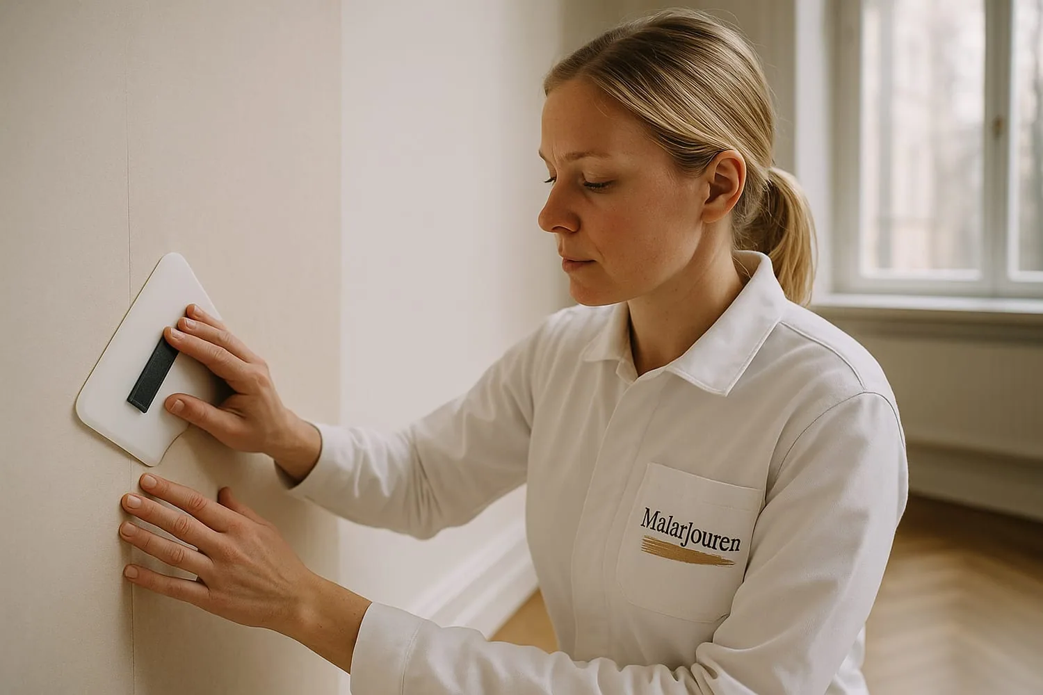 Kvinnlig MålarJouren-tapetserare med logo-patch smetar vit tapetlim-remsa längs sekelskiftesvägg
