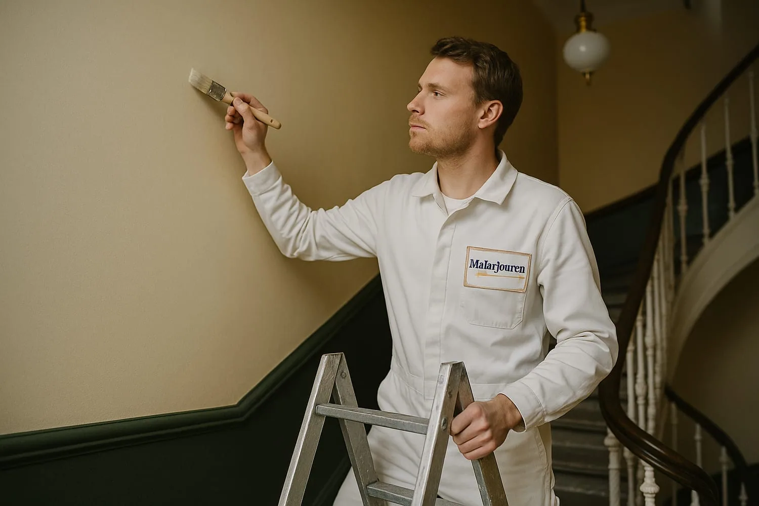 MålarJouren-målare på A-stege penslar BRF-trapphus med cream-gula väggar och grön dado-panel