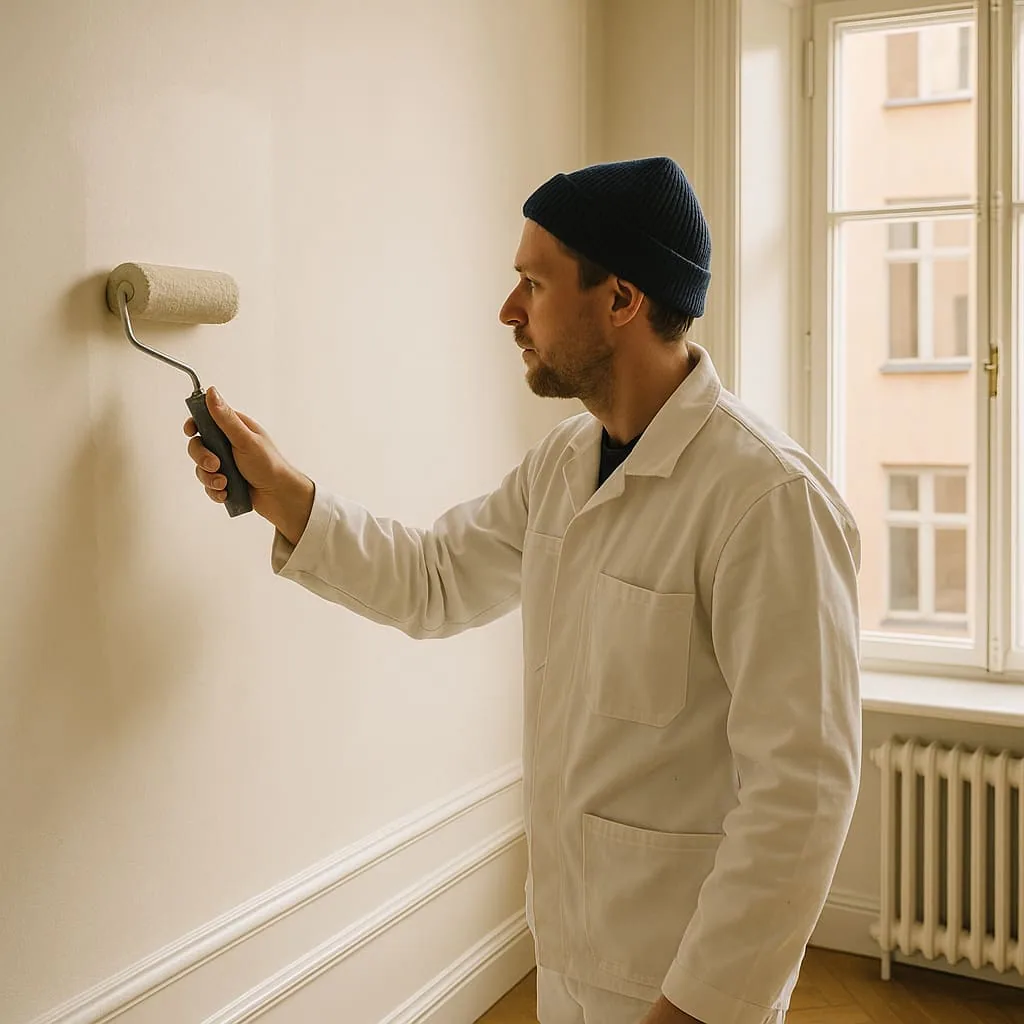 Nymålad ljusgrå vägg i en svensk lägenhet